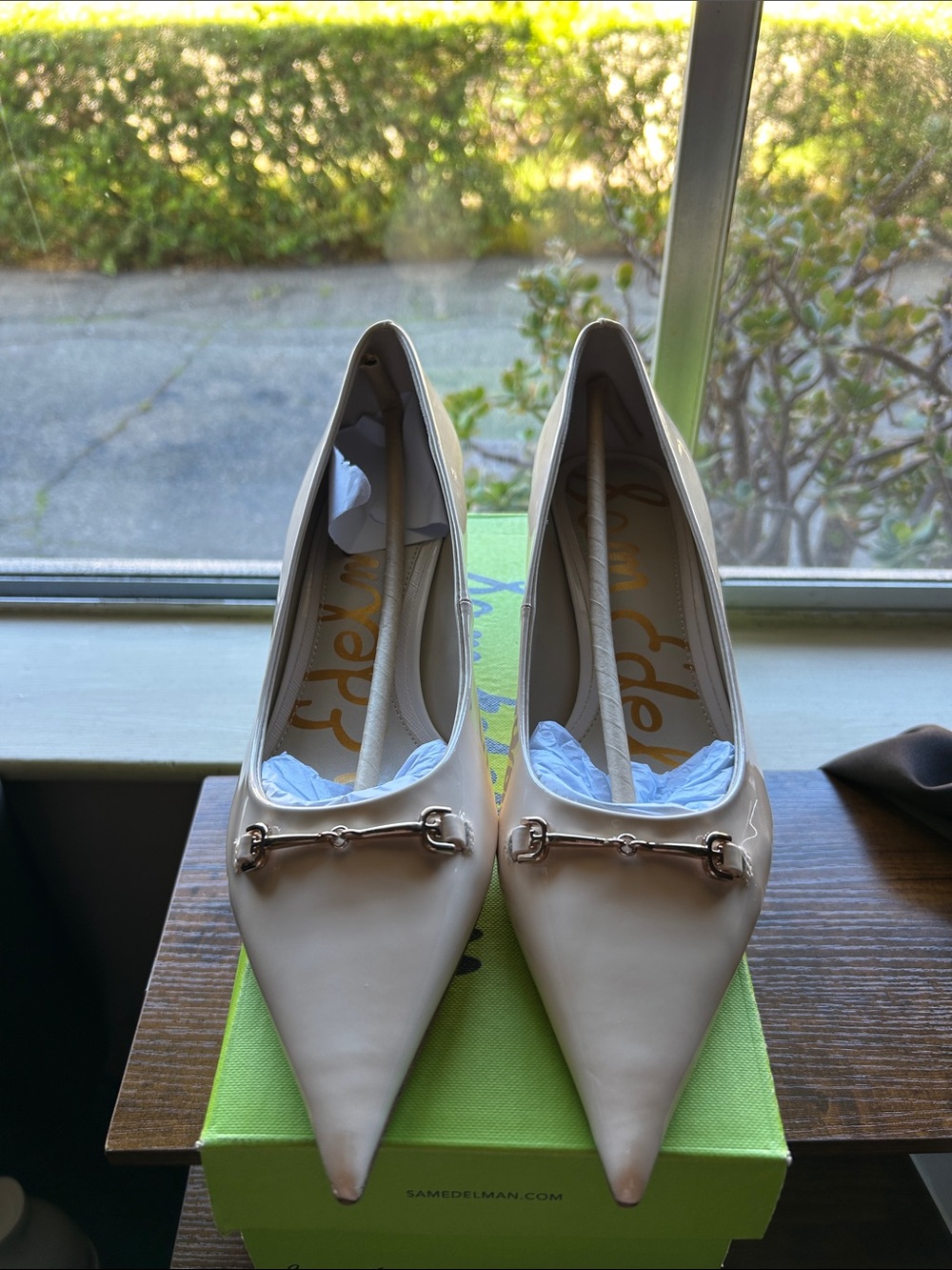 Sam Edelman Cream Pointed-Toe Leather Loafers with Metal Bit